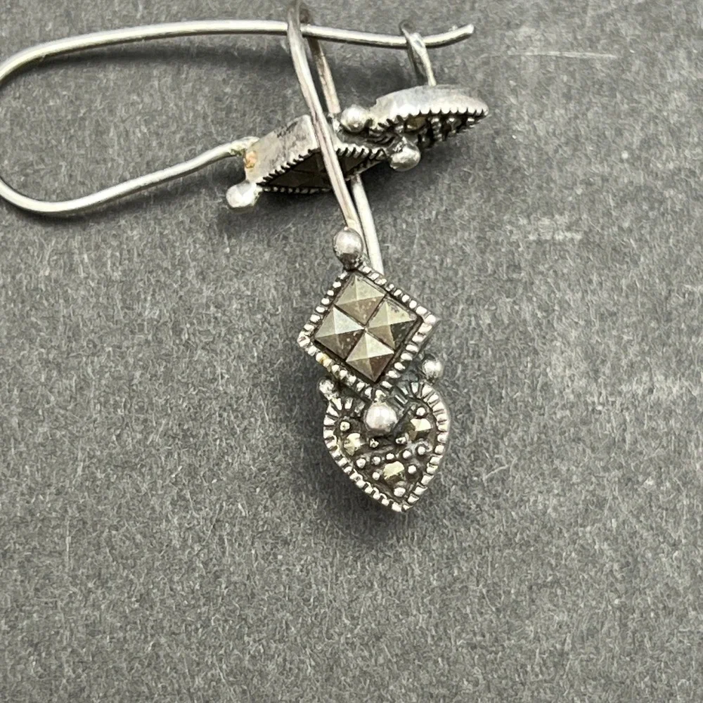 Vintage Sterling Silver Earrings Heart Marcasite Geometric
